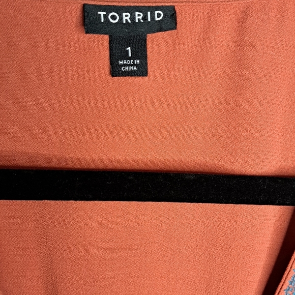 Burnt Orange Babydoll Gauze Lace Up Shirt with Embroidered, Crocheted Accents - Picture 7 of 10